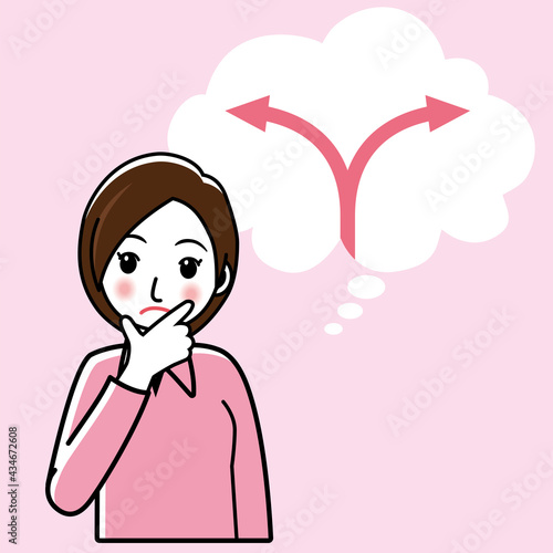 イラスト素材　人生の転職岐路矢印　疑問戸惑いを感じる若い女性のイラスト