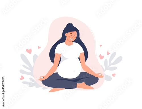 Pregnant woman meditating in lotus pose isolated on pink. Pregnancy female practicing yoga. Vector flat illustration. Concept of maternity and healthy lifestyle for banner, landing page, card