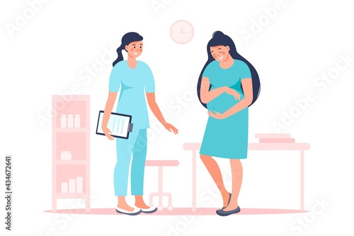 Pregnant woman with doctor in hospital medical office examination during pregnancy. Vector flat illustration. Pregnancy and maternity concept. Expectant mother, motherhood, single mother.