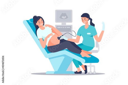 Sonographer scanning and examining pregnant woman in hospital medical office. Examination during pregnancy. Concept of medicine ultrasound scan. Happy future mother at medical checkup.