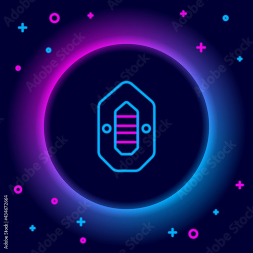 Glowing neon line Rafting boat icon isolated on black background. Inflatable boat. Water sports, extreme sports, holiday, vacation. Colorful outline concept. Vector