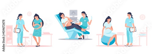 Set of pregnant woman visiting doctor for examination, sonographer scanning, preparing for childbirth. Happy future mother at medical checkup. Pregnancy and maternity concept. Vector flat illustration