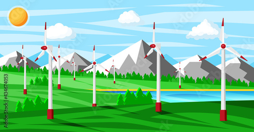 Wind farm in green fields among trees.