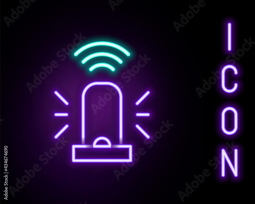 Glowing neon line Smart flasher siren system icon isolated on black background. Emergency flashing siren. Internet of things concept with wireless connection. Colorful outline concept. Vector