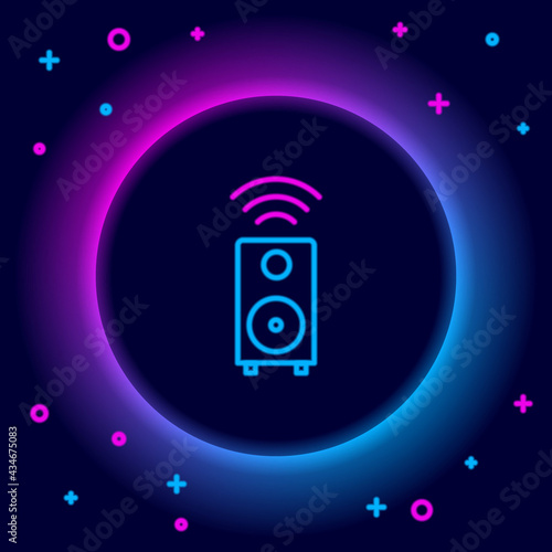 Glowing neon line Smart stereo speaker system icon isolated on black background. Sound system speakers. Internet of things concept with wireless connection. Colorful outline concept. Vector