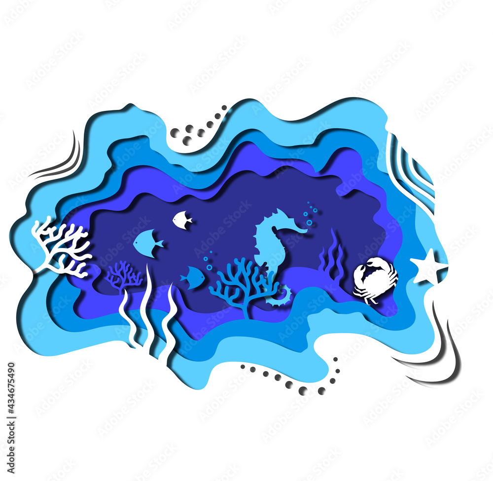 Vector abstract of the sea, ocean life scene with the seahorse, crab ...