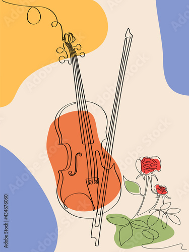 Musical acoustic instrument violin with strings and bow. Minimalist design, freehand composition, modern style. Elegant continuous lines poster for a Scandinavian interior.