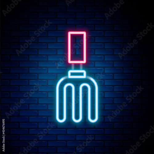 Glowing neon line Garden rake icon isolated on brick wall background. Tool for horticulture, agriculture, farming. Ground cultivator. Colorful outline concept. Vector
