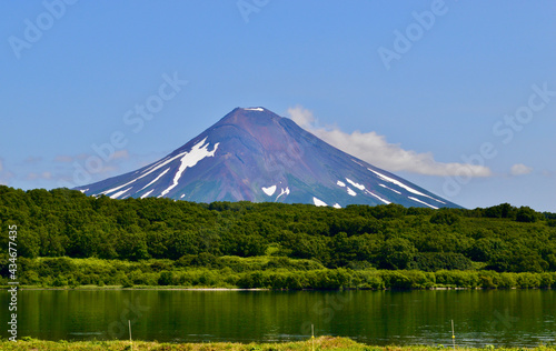 Russia. Kamchatka. Kuril Lake on the background of a volcano