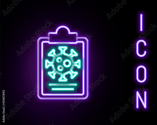 Glowing neon line Medical clipboard with blood test results icon isolated on black background. Clinical record, medical check marks report. Colorful outline concept. Vector