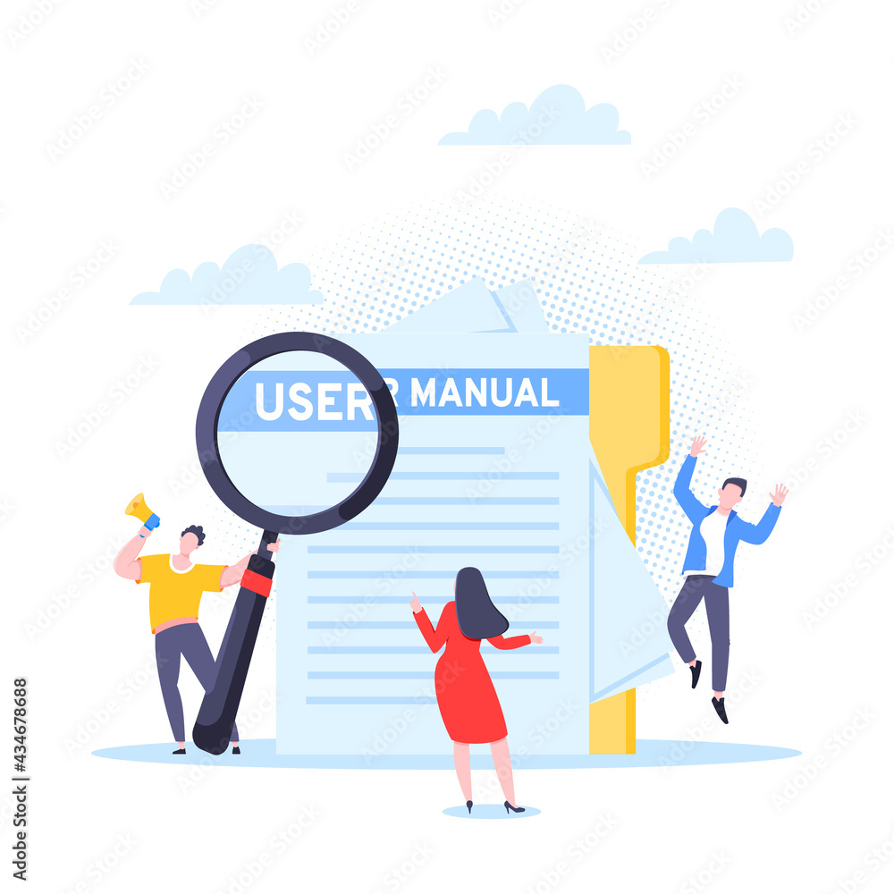 User manual guide book flat style design vector illustration. Tiny people, magnifying glass and paper file working together with guide book. Specifications user guidance document. User manual guide book flat style design vector illustration. Tiny people, magnifying glass and paper file working together with guide book. Specifications user guidance document.