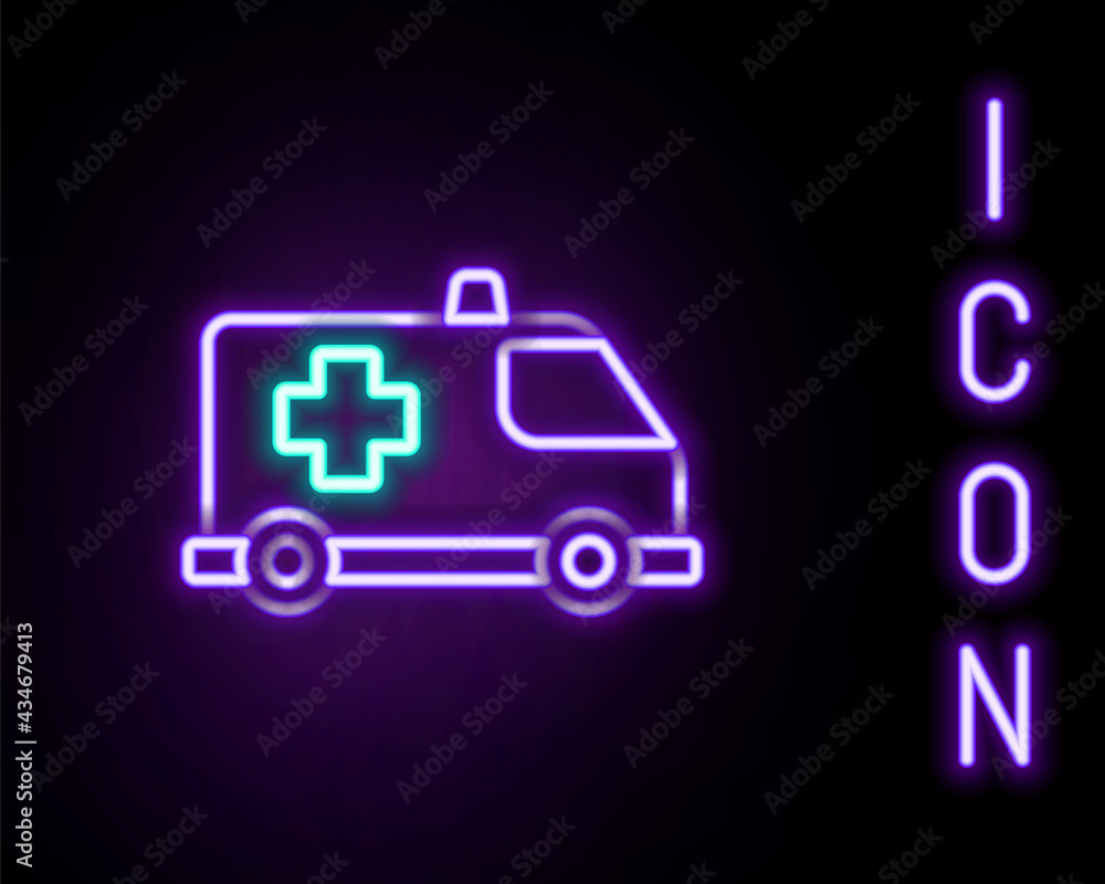 Glowing neon line Ambulance and emergency car icon isolated on black background. Ambulance vehicle medical evacuation. Colorful outline concept. Vector Glowing neon line Ambulance and emergency car icon isolated on black background. Ambulance vehicle medical evacuation. Colorful outline concept. Vector