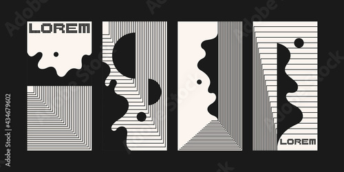 A set of abstract design backgrounds. The illustrations consist of lines and wavy shapes. Vector monochrome illustration