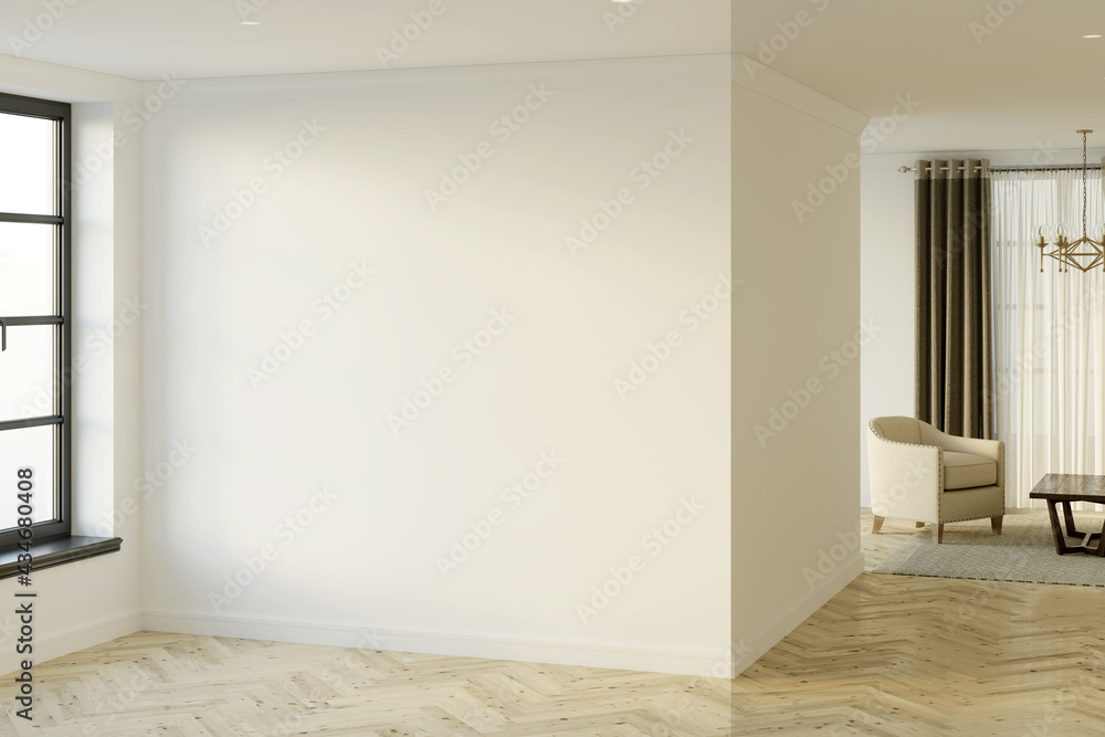 Empty bright hall with window, blank mockup wall, parquet floor, and living room in the background. 3d render
