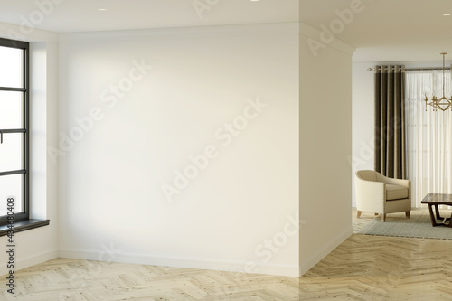Empty bright hall with window, blank mockup wall, parquet floor, and living room in the background. 3d render © gamespirit