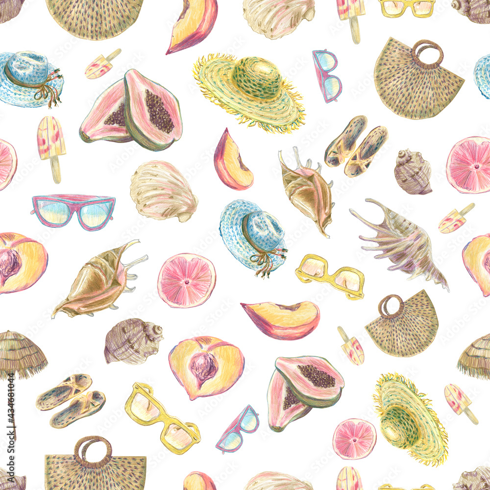Seamless pattern of colored tropical seashell, fruits and vacation items. Hand drawn sketch of different elements in colored pencil technique. Seamless pattern of colored tropical seashell, fruits and vacation items. Hand drawn sketch of different elements in colored pencil technique.
