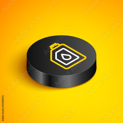 Isometric line Canister for motor machine oil icon isolated on yellow background. Oil gallon. Oil change service and repair. Engine oil sign. Black circle button. Vector