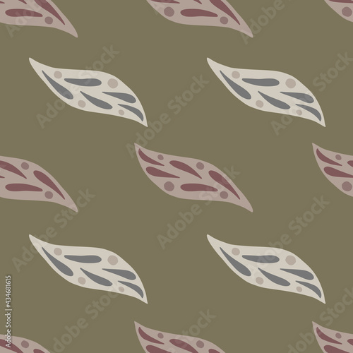Autumn pale tones seamless foliage pattern with doodle abstract leaf print. Brown and grey backdrop.