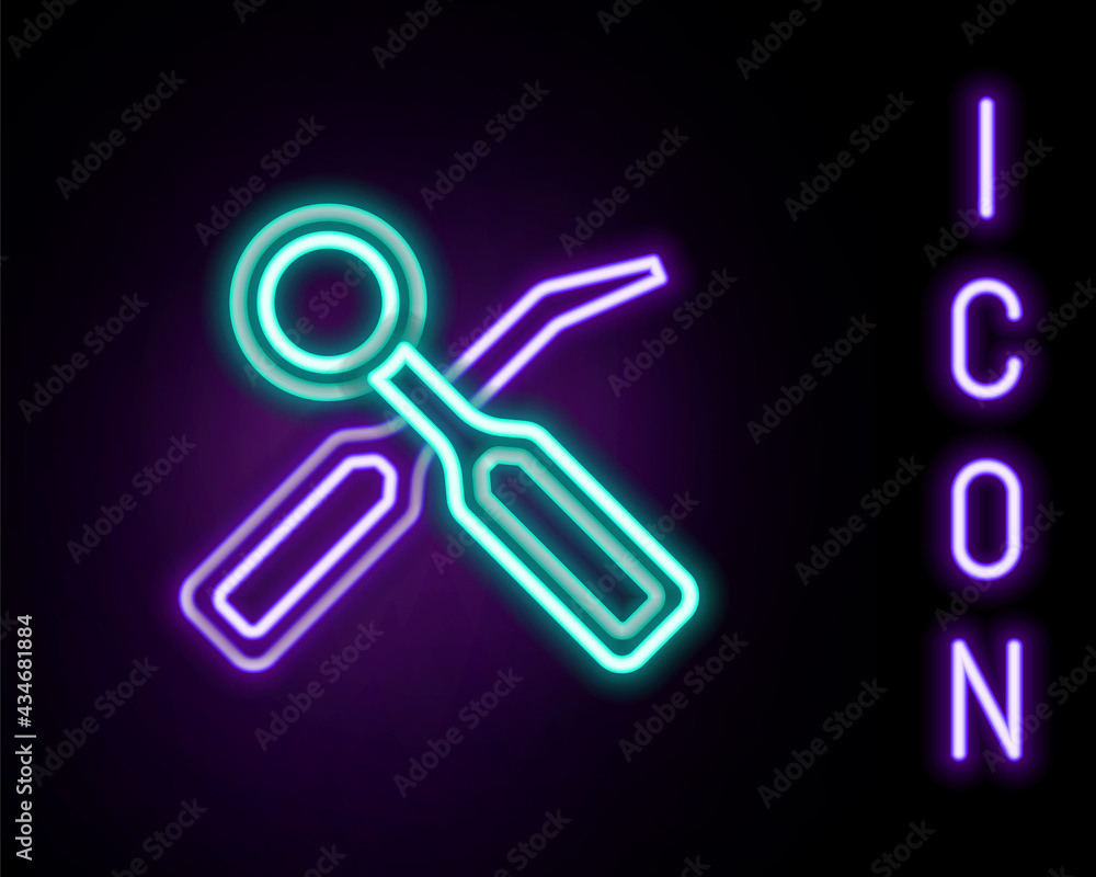 Glowing neon line Dental inspection mirror and explorer scaler icon isolated on black background. Tool dental checkup. Colorful outline concept. Vector Glowing neon line Dental inspection mirror and explorer scaler icon isolated on black background. Tool dental checkup. Colorful outline concept. Vector