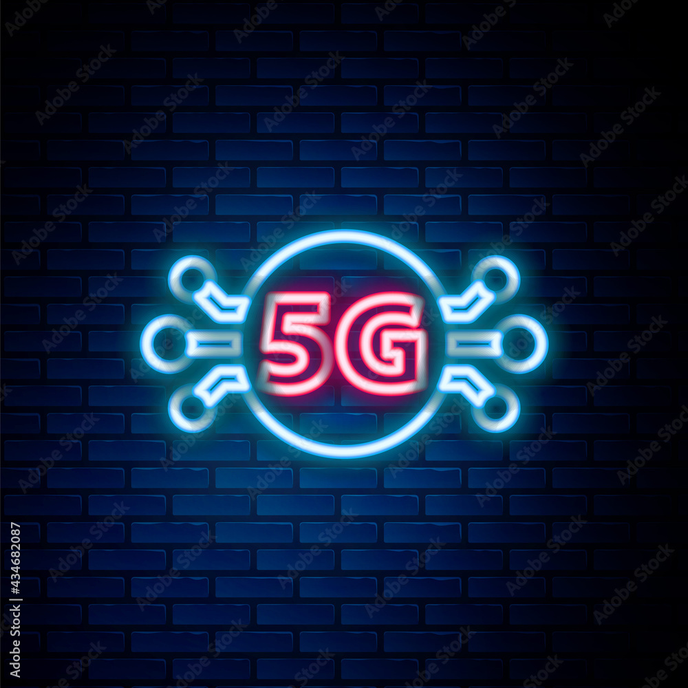 Glowing neon line 5G new wireless internet wifi connection icon isolated on brick wall background. Global network high speed connection data rate technology. Colorful outline concept. Vector Glowing neon line 5G new wireless internet wifi connection icon isolated on brick wall background. Global network high speed connection data rate technology. Colorful outline concept. Vector