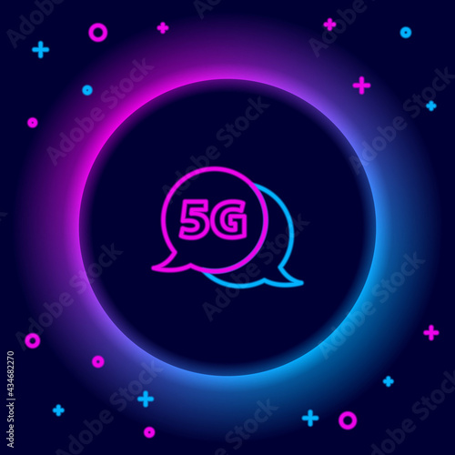 Glowing neon line 5G new wireless internet wifi connection icon isolated on black background. Global network high speed connection data rate technology. Colorful outline concept. Vector