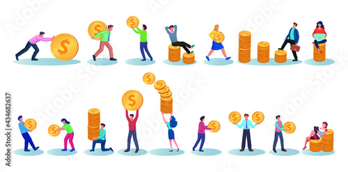 Group set of people carrying and picking money coins in various poses, postures, and positions vector illustration.