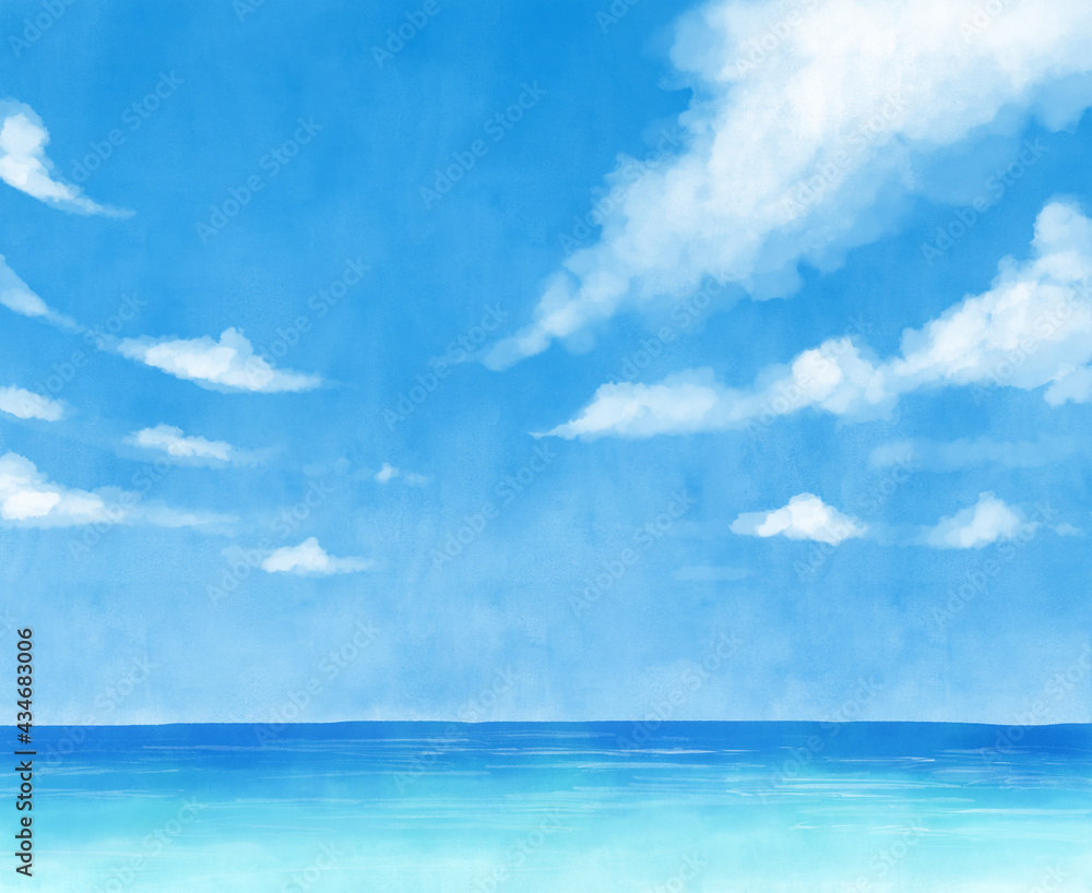 青空　雲　入道雲　海　夏　イラスト　手描き
