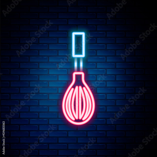 Glowing neon line Kitchen whisk icon isolated on brick wall background. Cooking utensil, egg beater. Cutlery sign. Food mix symbol. Colorful outline concept. Vector