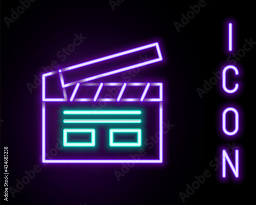 Glowing neon line Bollywood indian cinema icon isolated on black background. Movie clapper. Film clapper board. Cinema production or media industry. Colorful outline concept. Vector