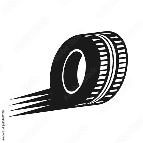 Tire in motion icon or logo. Fast tires with trace template. Speed and racing car concept. Rubber tyre shop sign. Automotive equipment store. Offroad wheel symbol. Vector illustration, flat, clip art