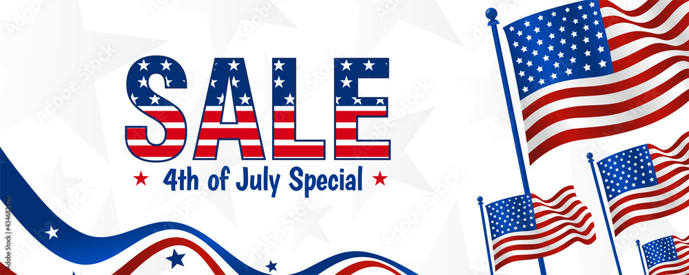 United States of America 4th of July special sale, discount offer design on waving American flag on the banner background. United States of America 4th of July special sale, discount offer design on waving American flag on the banner background.