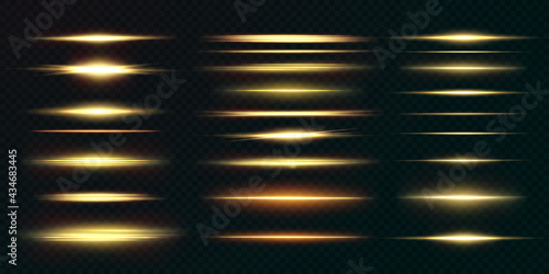 Gold horizontal lens flares pack. Laser beams, horizontal light rays. Beautiful light flares. Glowing streaks on light background. Luminous abstract sparkling lined background.