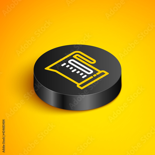 Isometric line Electric kettle icon isolated on yellow background. Teapot icon. Black circle button. Vector