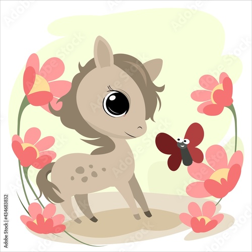 Fototapeta Naklejka Na Ścianę i Meble -  Little cub foal. Horse. Cheerful kind animal child. Cartoons flat style. Funny. Vector