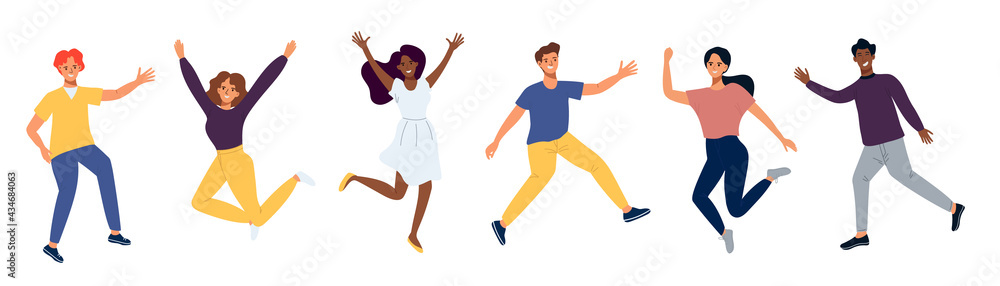 Happy jumping people. Young man and women happy dancing. Cheerful corporate employees cartoon characters set. The concept of friendship, success and teamwork, Music and party. Flat vector illustration Happy jumping people. Young man and women happy dancing. Cheerful corporate employees cartoon characters set. The concept of friendship, success and teamwork, Music and party. Flat vector illustration