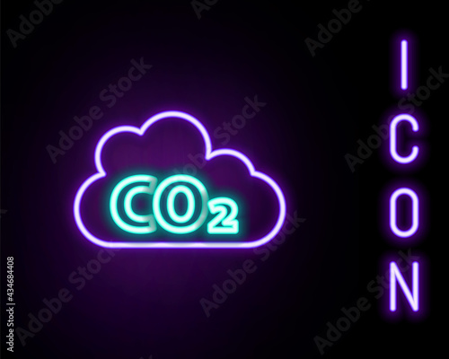 Glowing neon line CO2 emissions in cloud icon isolated on black background. Carbon dioxide formula, smog pollution concept, environment concept. Colorful outline concept. Vector