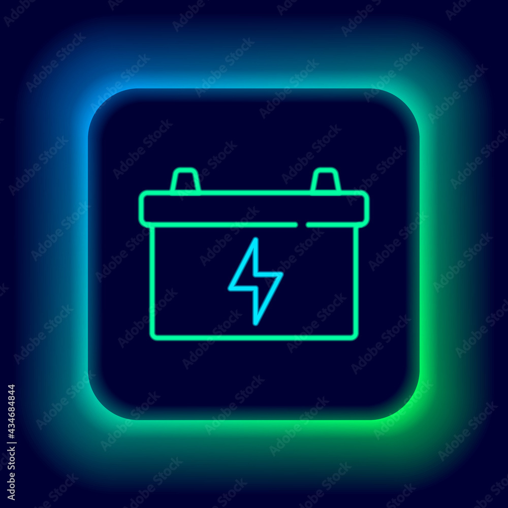 Glowing neon line Car battery icon isolated on black background. Accumulator battery energy power and electricity accumulator battery. Colorful outline concept. Vector Glowing neon line Car battery icon isolated on black background. Accumulator battery energy power and electricity accumulator battery. Colorful outline concept. Vector