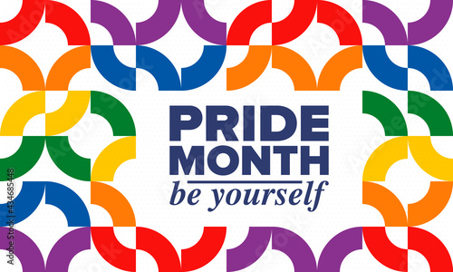 LGBTQIA Pride Month in June. Lesbian Gay Bisexual Transgender. Celebrated annual. LGBT flag. Rainbow love concept. Human rights and tolerance. Poster, card, banner and background. Vector illustration