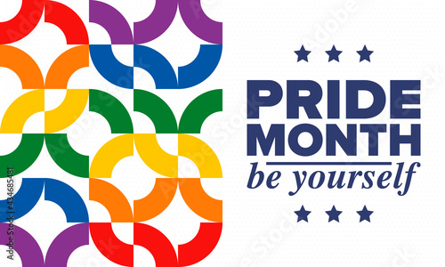 LGBTQIA Pride Month in June. Lesbian Gay Bisexual Transgender. Celebrated annual. LGBT flag. Rainbow love concept. Human rights and tolerance. Poster, card, banner and background. Vector illustration