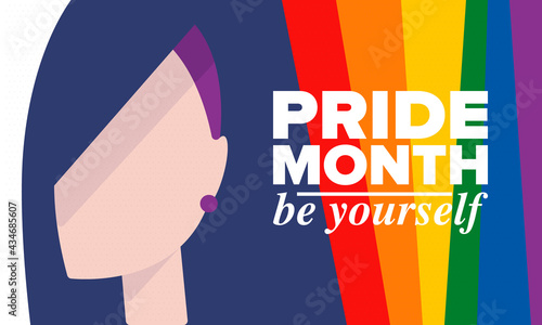 LGBTQIA Pride Month in June. Lesbian Gay Bisexual Transgender. Celebrated annual. LGBT flag. Rainbow love concept. Human rights and tolerance. Poster, card, banner and background. Vector illustration