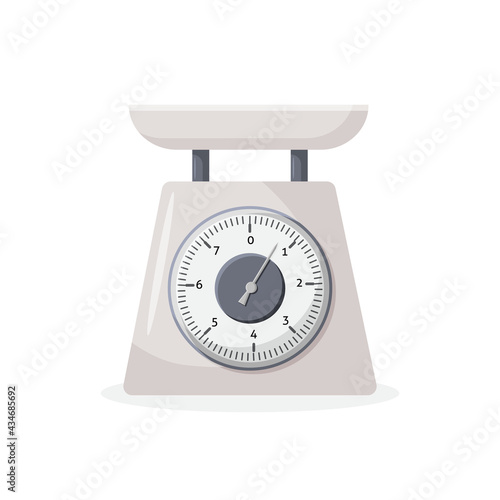 Weight scale on white background. Weighing scales with pan and dial. Qualitative vector illustration for weight measurement, kitchen appliances, measuring tool.
