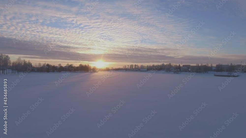 Frozen Snowy River In Winter. Aerial Track Left Frozen Snowy River In Winter. Aerial Track Left