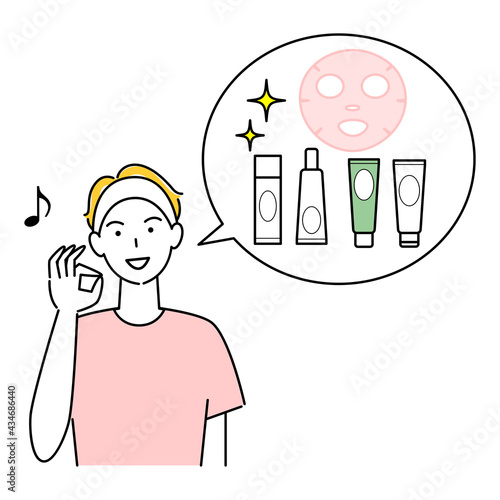スキンケア お気に入りのコスメのセットをお勧めしている男性 イラスト シンプル ベクター