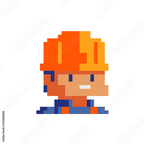 Builder character  worker. Avatar  male portrait  profile picture.  Pixel art. Flat style. Game assets. 8-bit. Isolated vector illustration.  