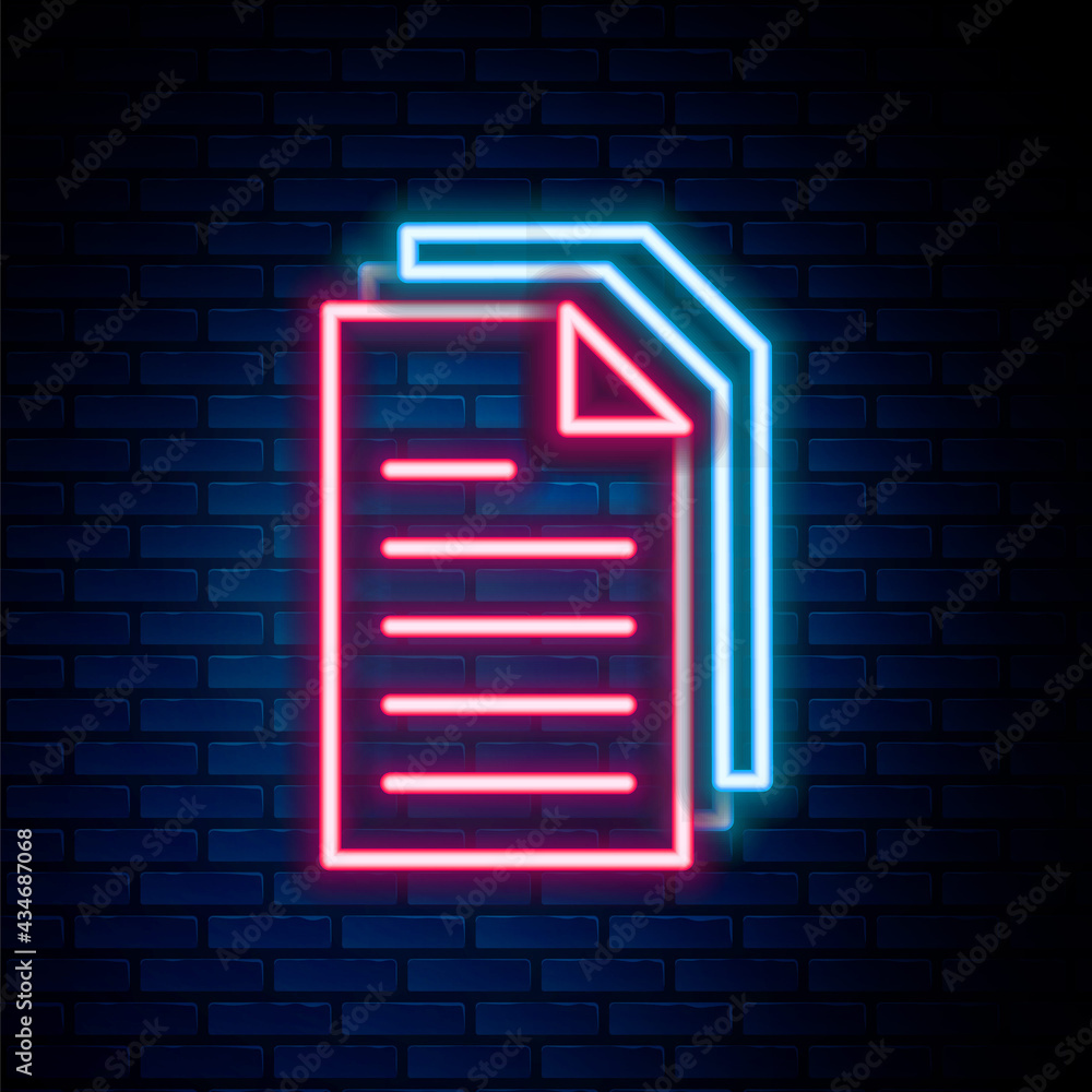 Glowing neon line File document icon isolated on brick wall background. Checklist icon. Business concept. Colorful outline concept. Vector Glowing neon line File document icon isolated on brick wall background. Checklist icon. Business concept. Colorful outline concept. Vector
