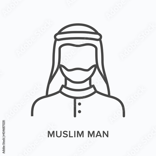 Muslim man flat line icon. Vector outline illustration of arab user avatar. Black thin linear pictogram for sheikh
