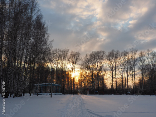 Winter park at sunset. Trees, village houses in the distance. Perm region, Russia