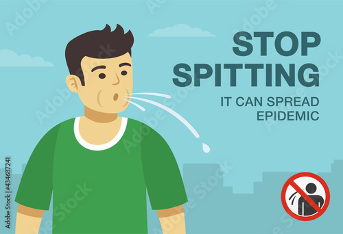 Spitting young male character. Stop spitting, it can spread epidemic warning graphic design. Flat vector illustration template. 