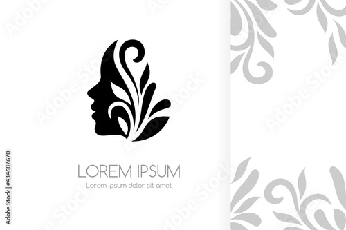 Ornamental leaves with beauty female logo. Woman face with decoration elements. Abstract emblem for salon, cosmetic or makeup design.