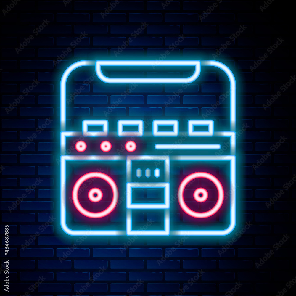 Glowing neon line Home stereo with two speakers icon isolated on brick wall background. Music system. Colorful outline concept. Vector Glowing neon line Home stereo with two speakers icon isolated on brick wall background. Music system. Colorful outline concept. Vector